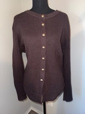 TAHARI Gold-Button Chocolate Ribbed Cardigan XL